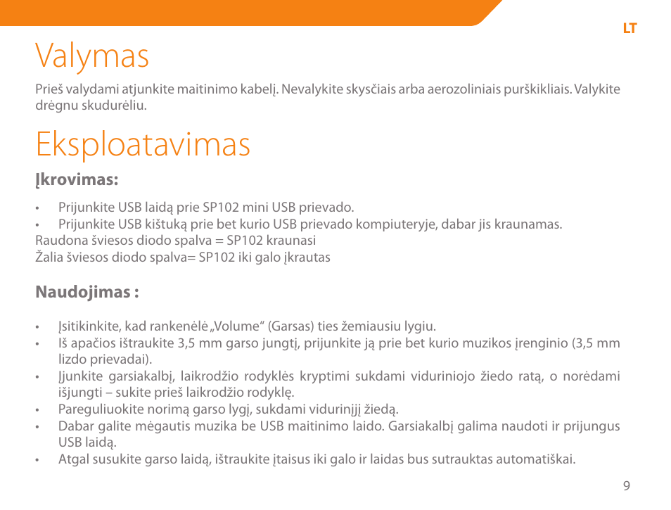 Valymas, Eksploatavimas | Acme SP102 User Manual | Page 9 / 68