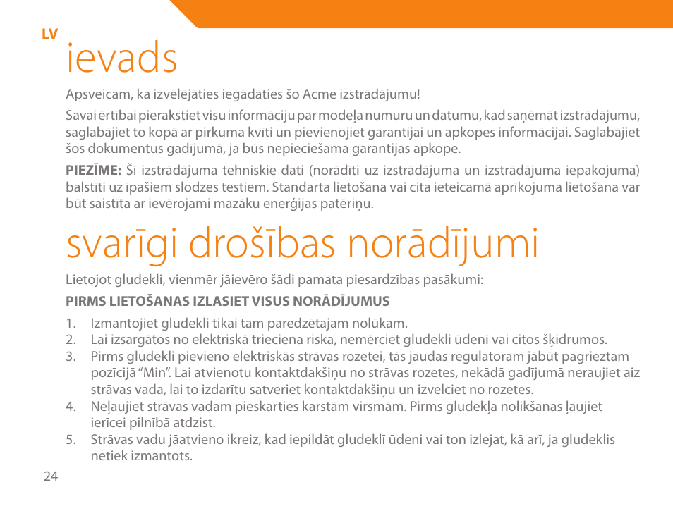 Ievads, Svarīgi drošības norādījumi | Acme IB-100 User Manual | Page 24 / 126