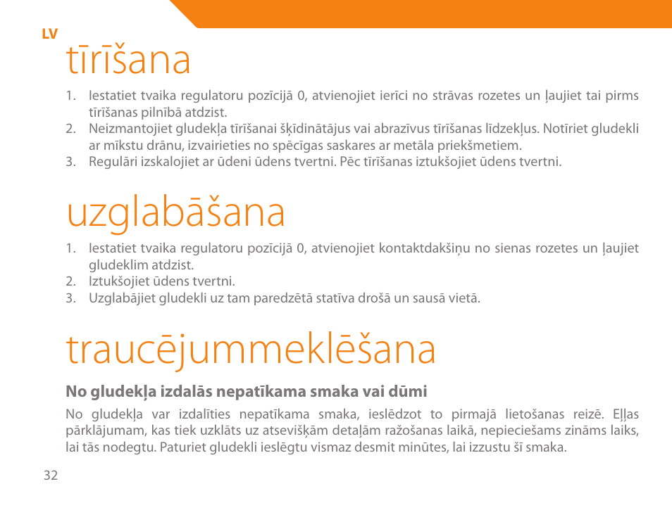 Tīrīšana, Uzglabāšana, Traucējummeklēšana | Acme IB-100 User Manual | Page 32 / 126