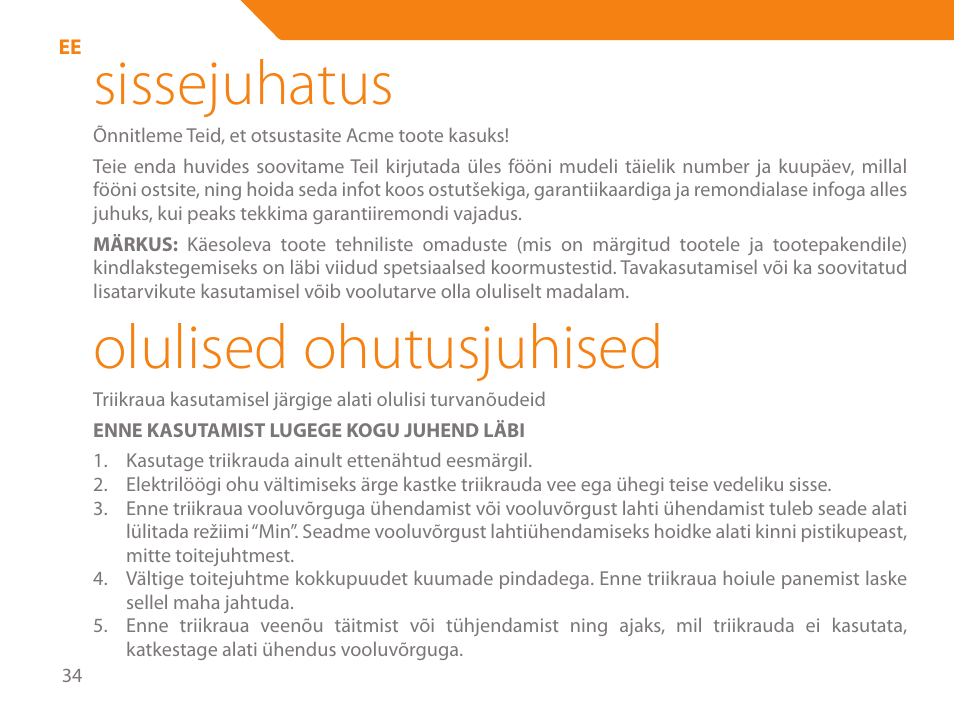 Sissejuhatus, Olulised ohutusjuhised | Acme IB-100 User Manual | Page 34 / 126