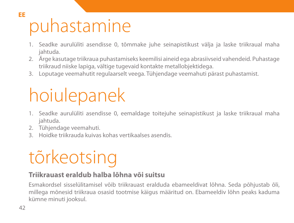 Puhastamine, Hoiulepanek, Tõrkeotsing | Acme IB-100 User Manual | Page 42 / 126