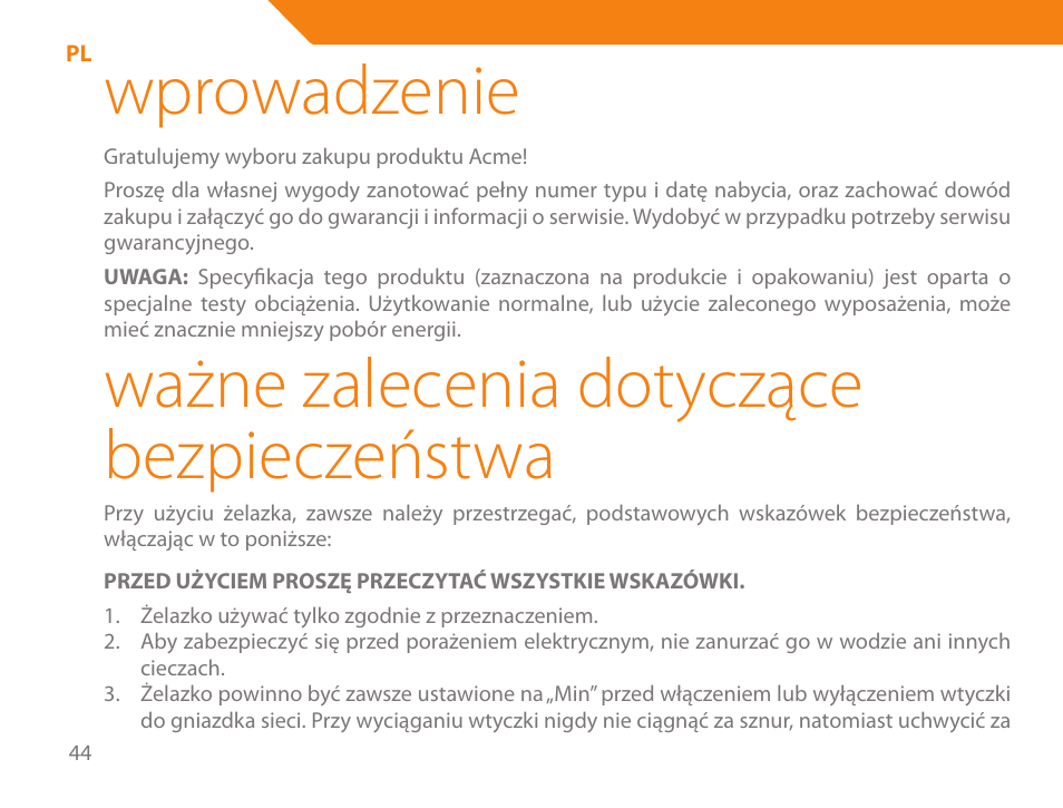 Wprowadzenie, Ważne zalecenia dotyczące bezpieczeństwa | Acme IB-100 User Manual | Page 44 / 126