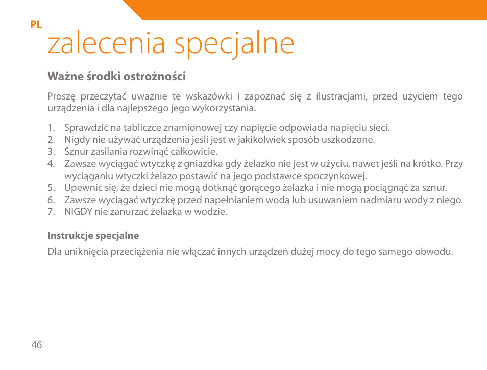 Zalecenia specjalne | Acme IB-100 User Manual | Page 46 / 126