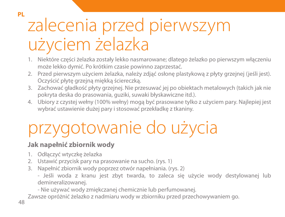 Zalecenia przed pierwszym użyciem żelazka, Przygotowanie do użycia | Acme IB-100 User Manual | Page 48 / 126