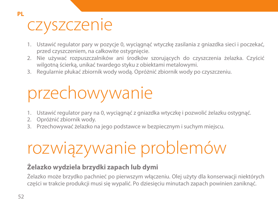 Czyszczenie, Przechowywanie, Rozwiązywanie problemów | Acme IB-100 User Manual | Page 52 / 126