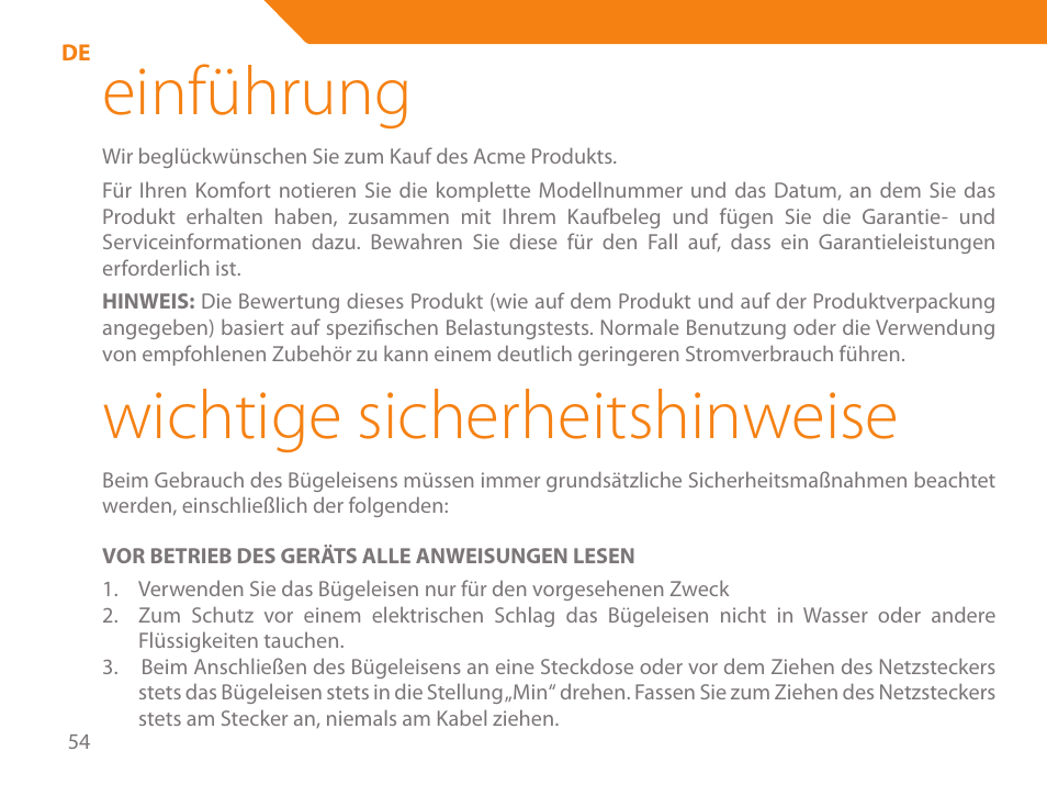 Einführung, Wichtige sicherheitshinweise | Acme IB-100 User Manual | Page 54 / 126