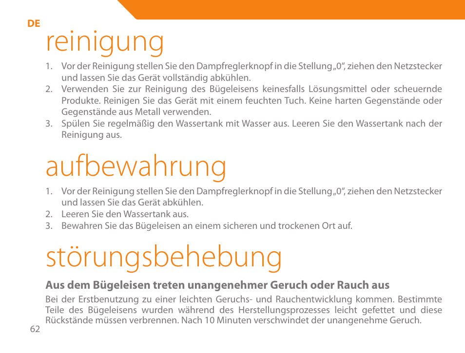 Reinigung, Aufbewahrung, Störungsbehebung | Acme IB-100 User Manual | Page 62 / 126