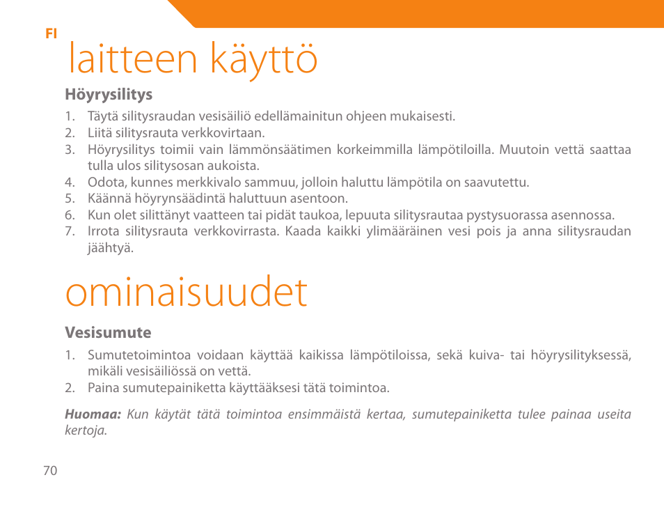 Laitteen käyttö, Ominaisuudet | Acme IB-100 User Manual | Page 70 / 126