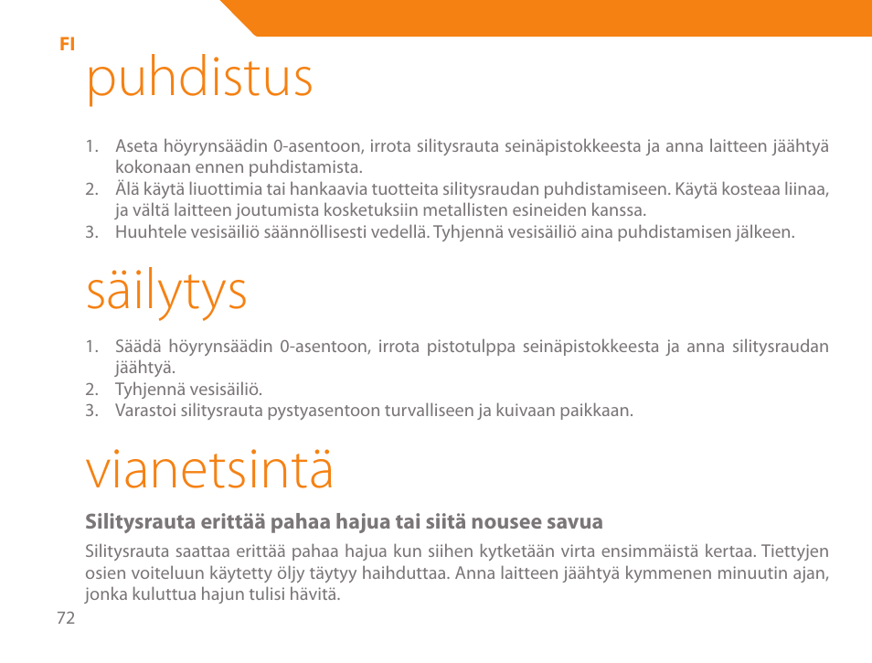 Puhdistus, Säilytys, Vianetsintä | Acme IB-100 User Manual | Page 72 / 126