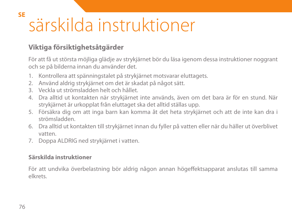 Särskilda instruktioner | Acme IB-100 User Manual | Page 76 / 126