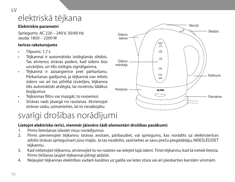 Elektriskā tējkana, Svarīgi drošības norādījumi | Acme KB200 User Manual | Page 10 / 66