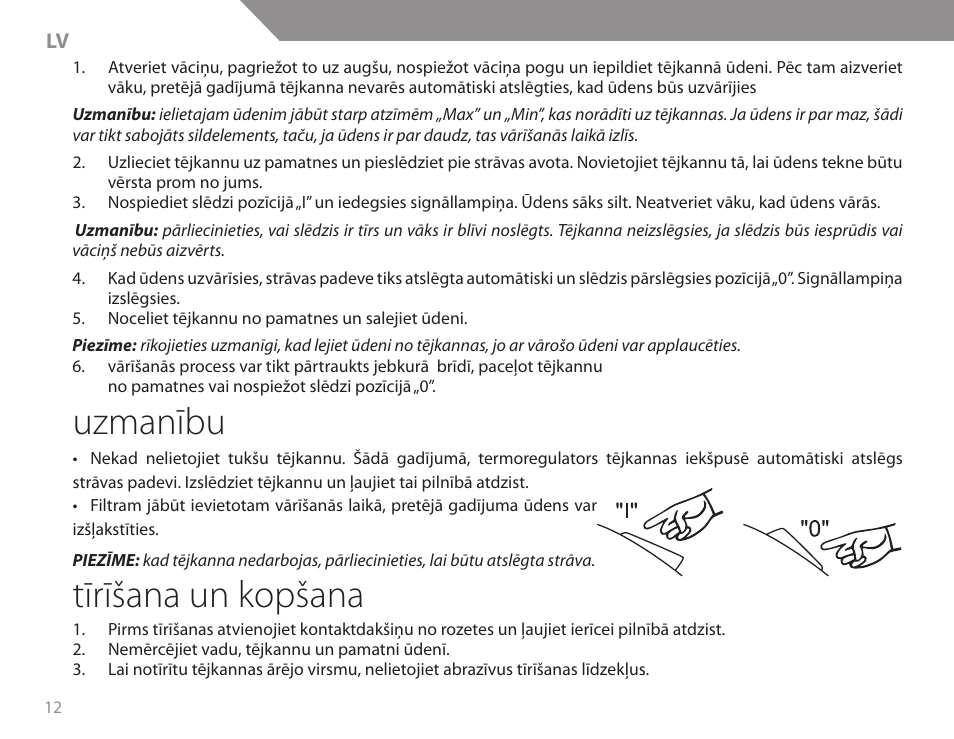 Uzmanību, Tīrīšana un kopšana | Acme KB200 User Manual | Page 12 / 66