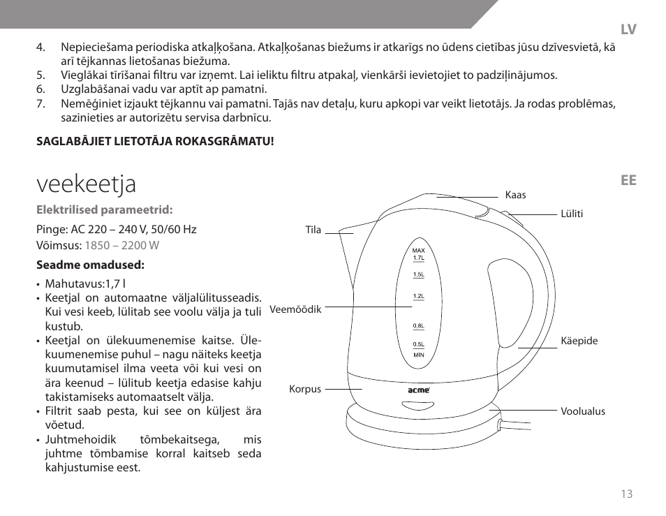 Veekeetja | Acme KB200 User Manual | Page 13 / 66