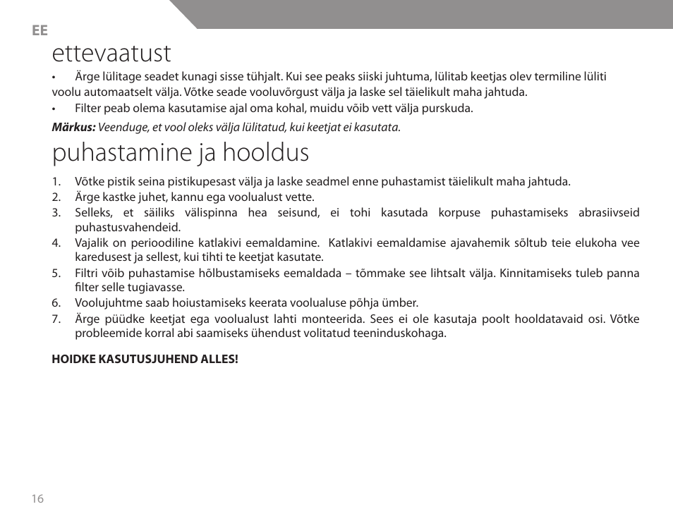 Ettevaatust, Puhastamine ja hooldus | Acme KB200 User Manual | Page 16 / 66