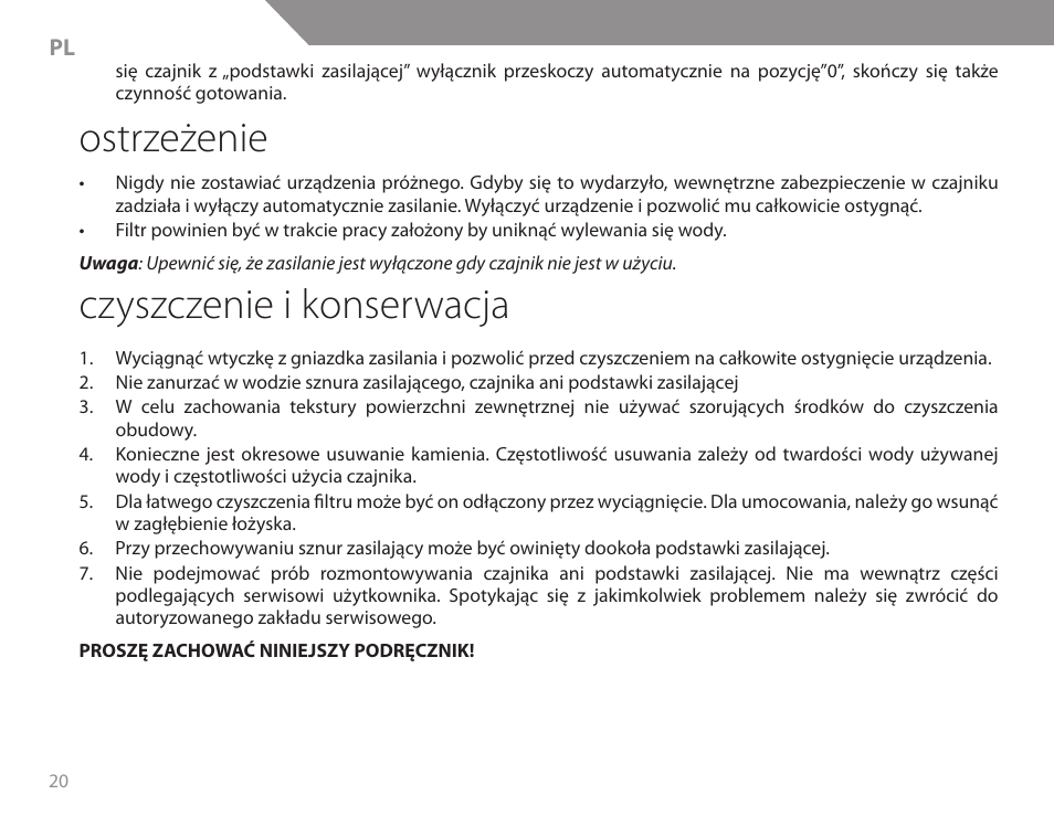 Ostrzeżenie, Czyszczenie i konserwacja | Acme KB200 User Manual | Page 20 / 66