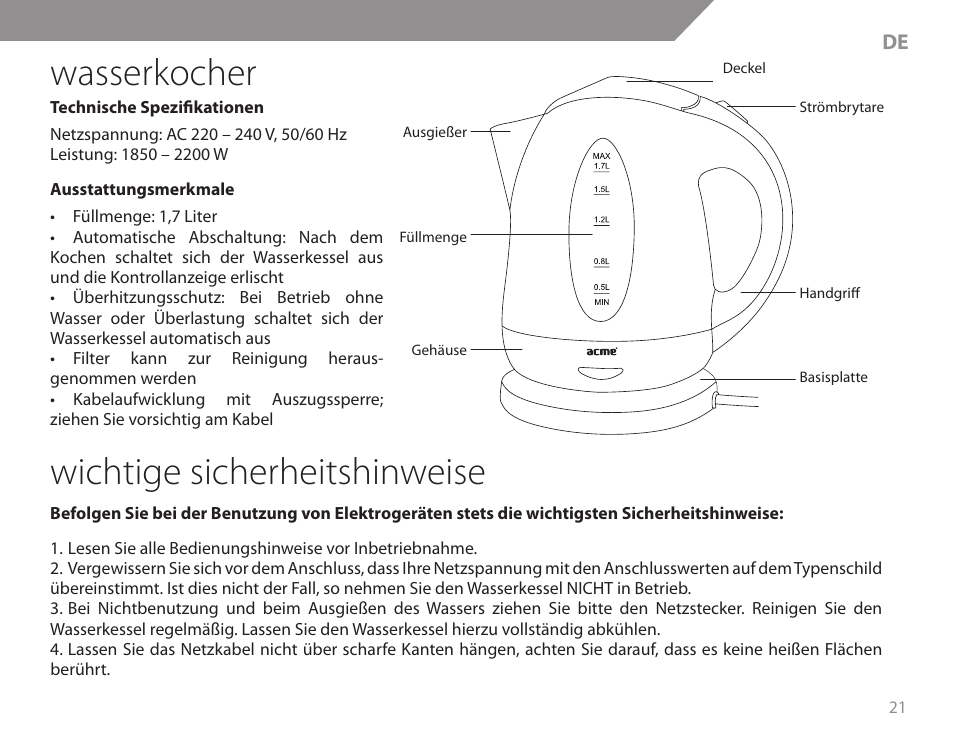 Wasserkocher, Wichtige sicherheitshinweise | Acme KB200 User Manual | Page 21 / 66