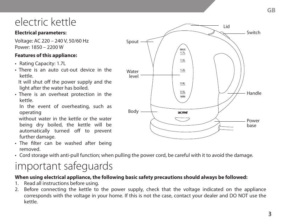 Electric kettle, Important safeguards | Acme KB200 User Manual | Page 3 / 66