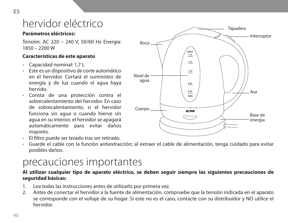 Hervidor eléctrico, Precauciones importantes | Acme KB200 User Manual | Page 40 / 66