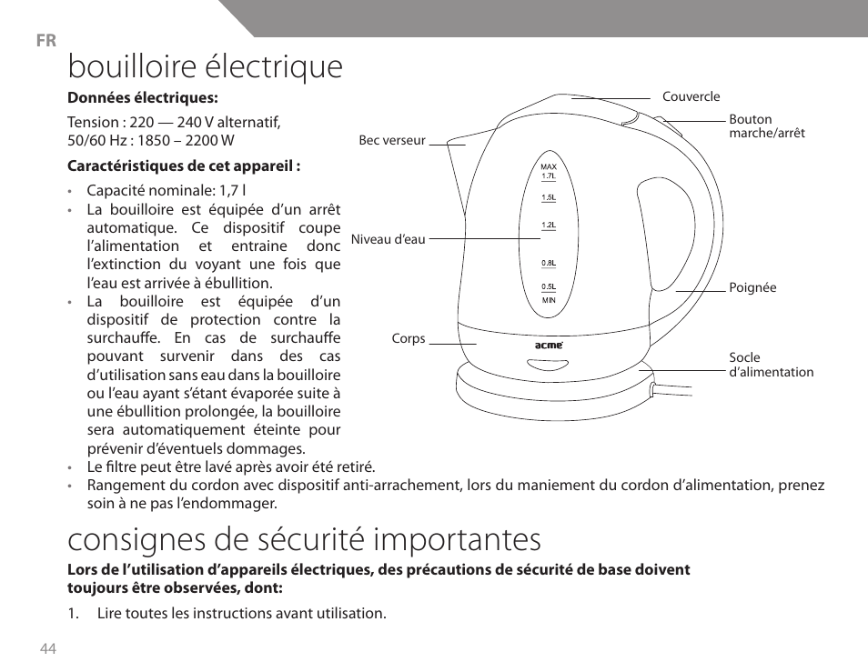 Bouilloire électrique, Consignes de sécurité importantes | Acme KB200 User Manual | Page 44 / 66