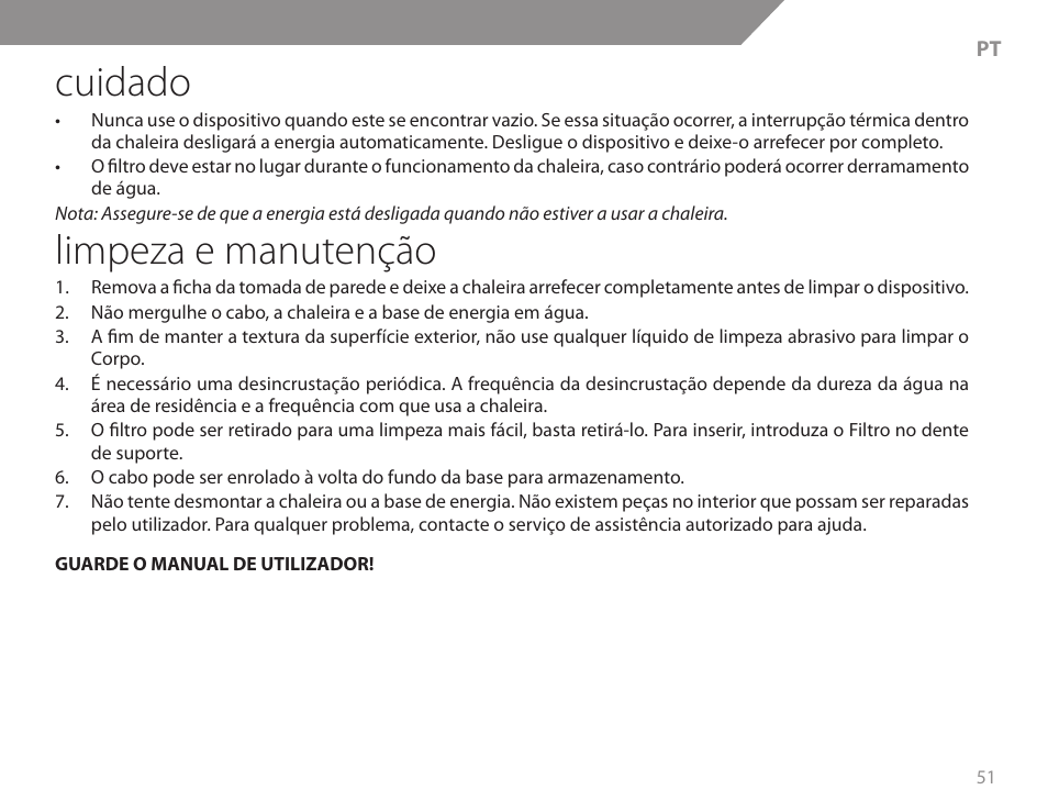 Cuidado, Limpeza e manutenção | Acme KB200 User Manual | Page 51 / 66