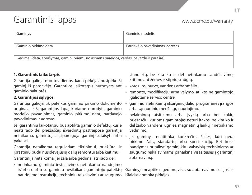 Garantinis lapas | Acme KB200 User Manual | Page 53 / 66
