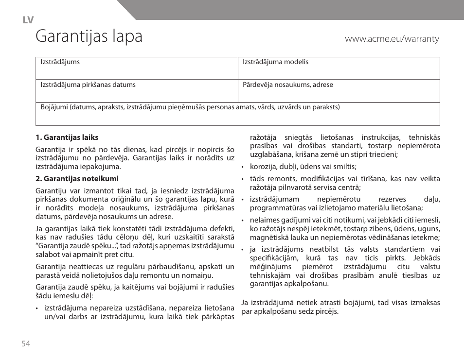 Garantijas lapa | Acme KB200 User Manual | Page 54 / 66