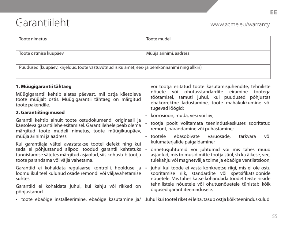 Garantiileht | Acme KB200 User Manual | Page 55 / 66