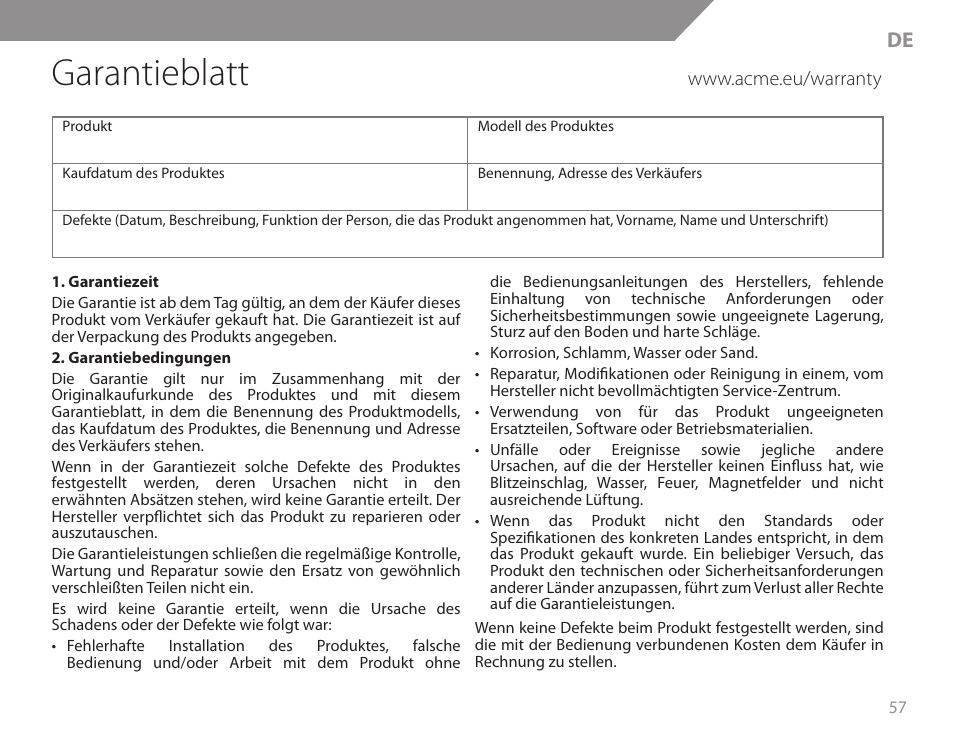 Garantieblatt | Acme KB200 User Manual | Page 57 / 66