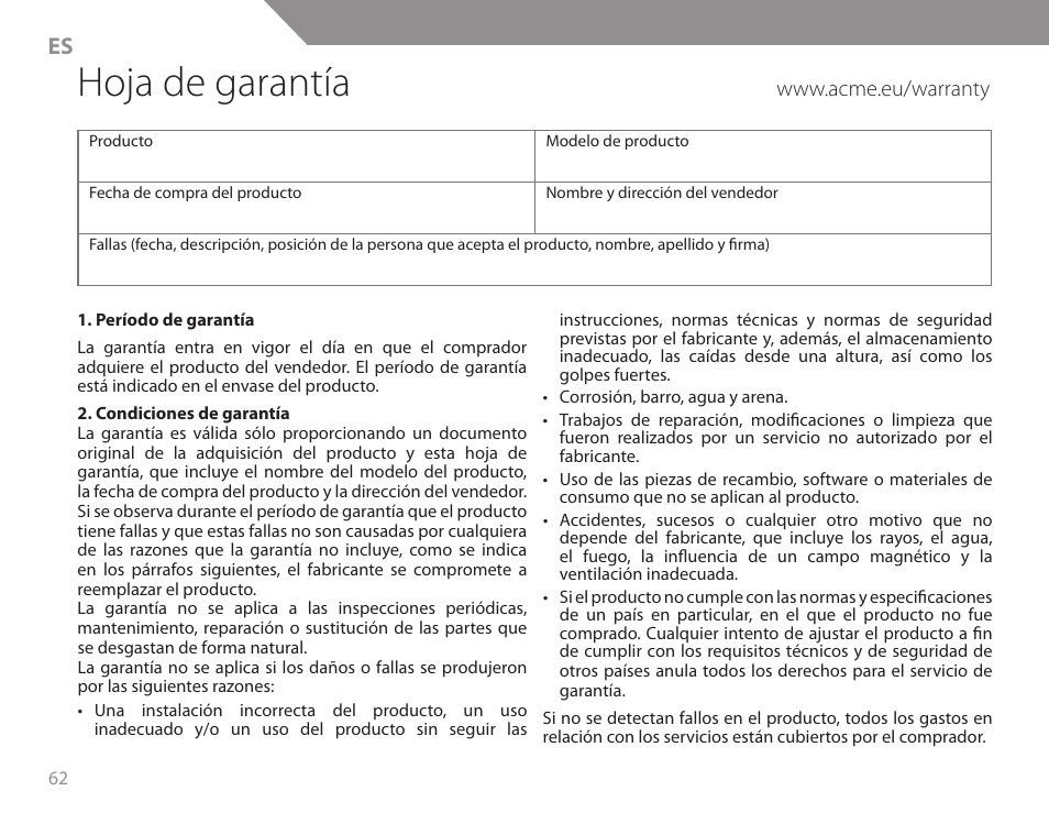 Hoja de garantía | Acme KB200 User Manual | Page 62 / 66