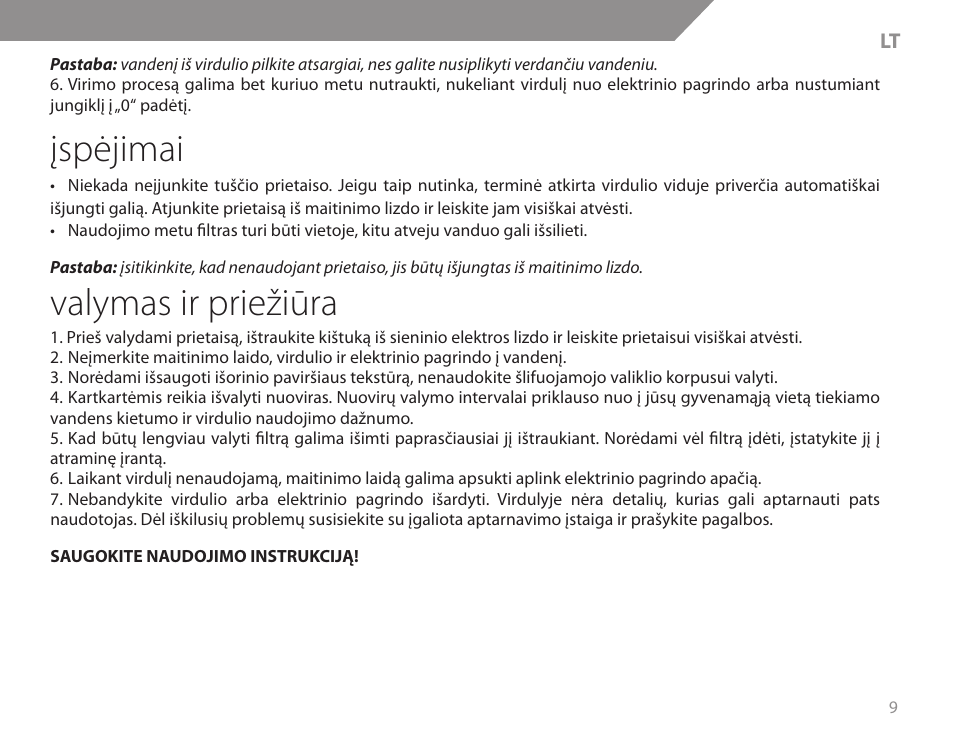 Įspėjimai, Valymas ir priežiūra | Acme KB200 User Manual | Page 9 / 66