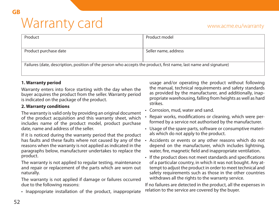 Warranty card | Acme NI-30 User Manual | Page 52 / 64