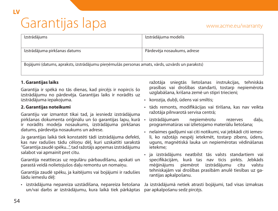 Garantijas lapa | Acme NI-30 User Manual | Page 54 / 64