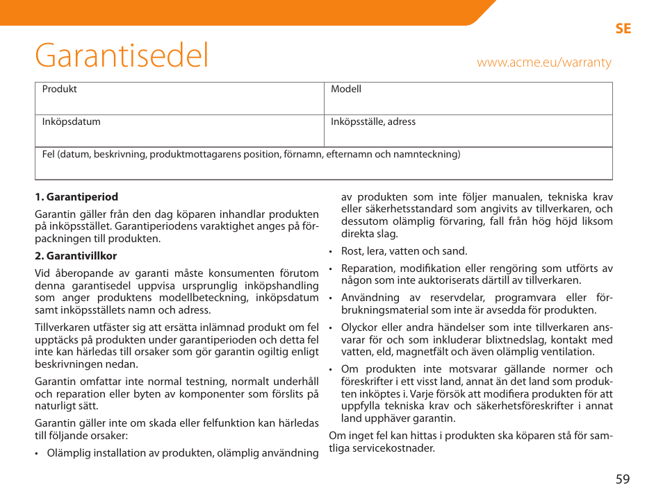 Garantisedel | Acme NI-30 User Manual | Page 59 / 64