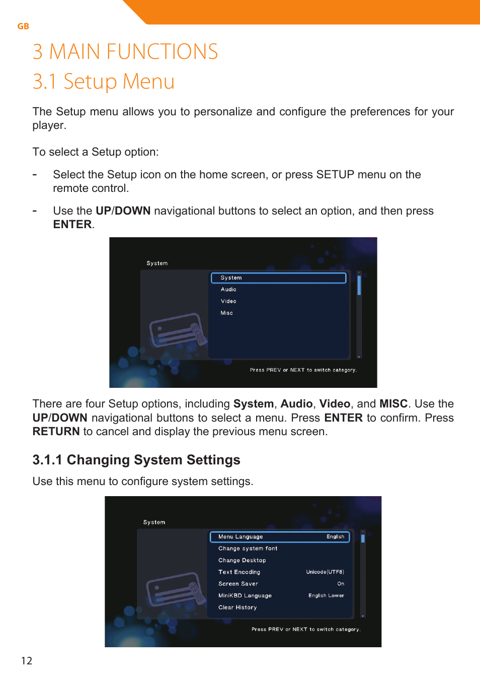 3 main functions 3.1 setup menu | Acme MP01 User Manual | Page 12 / 94