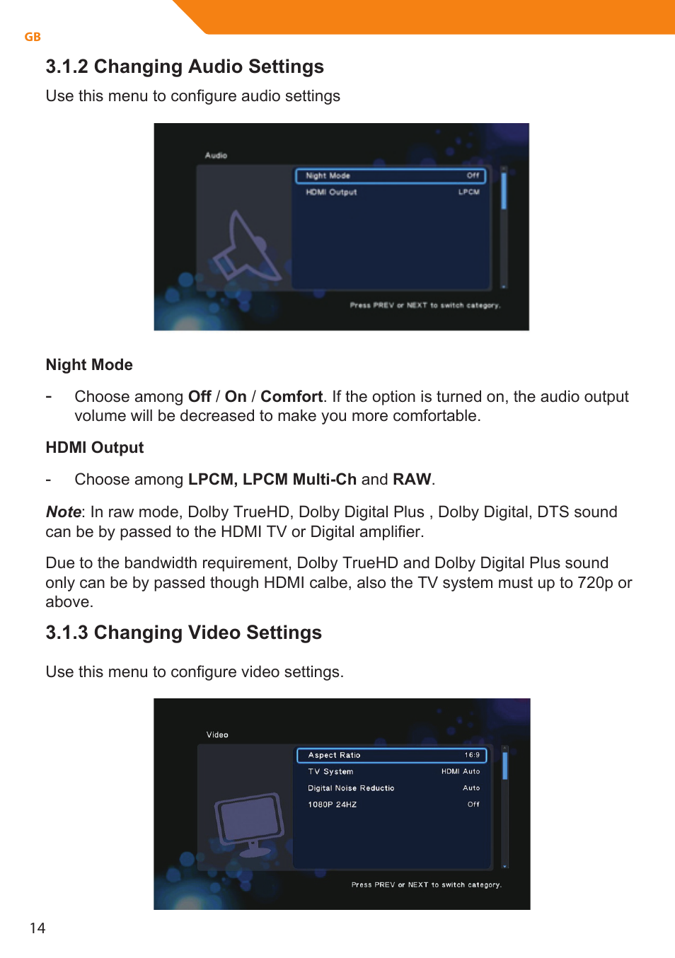 2 changing audio settings, 3 changing video settings | Acme MP01 User Manual | Page 14 / 94