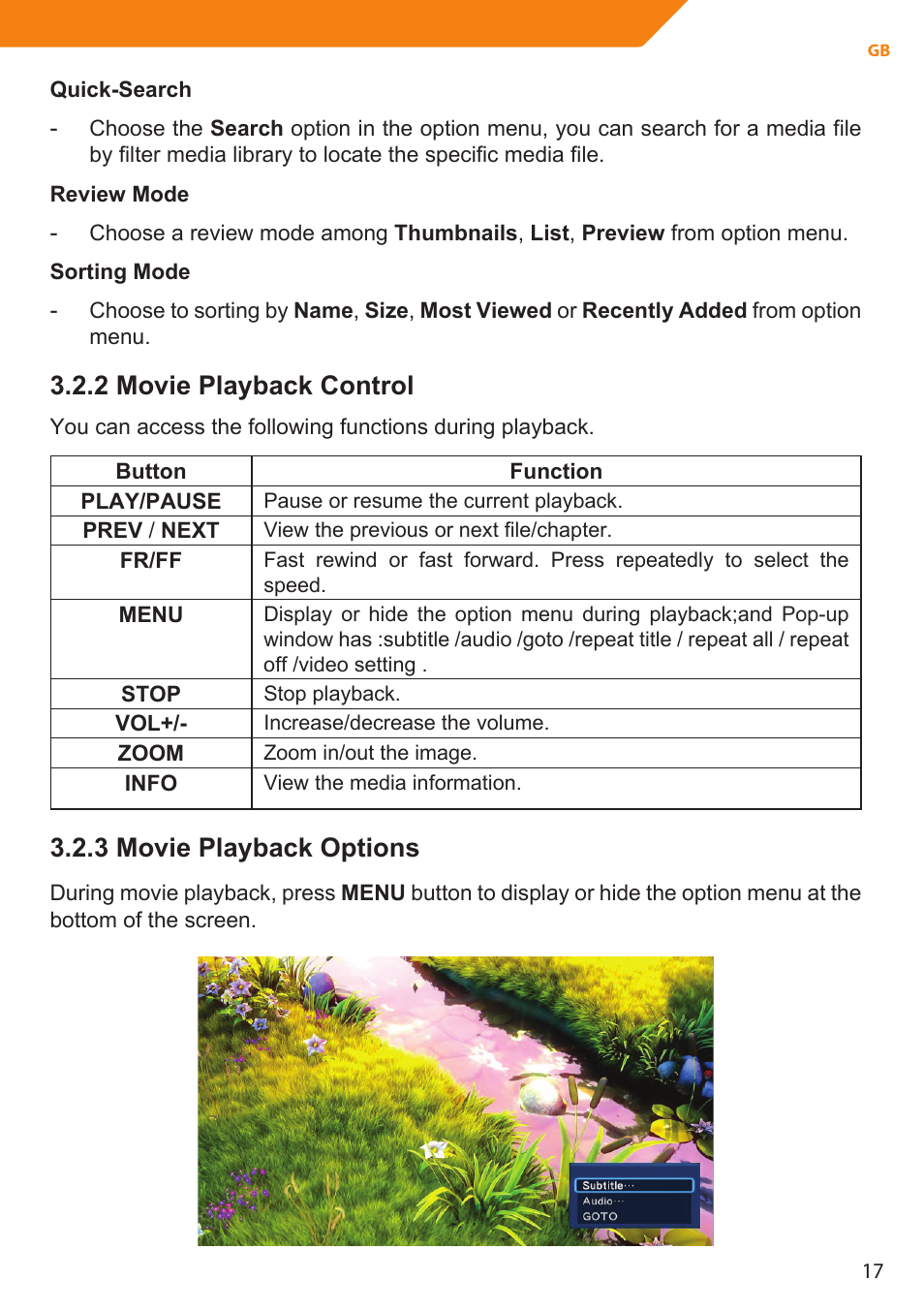 2 movie playback control, 3 movie playback options | Acme MP01 User Manual | Page 17 / 94