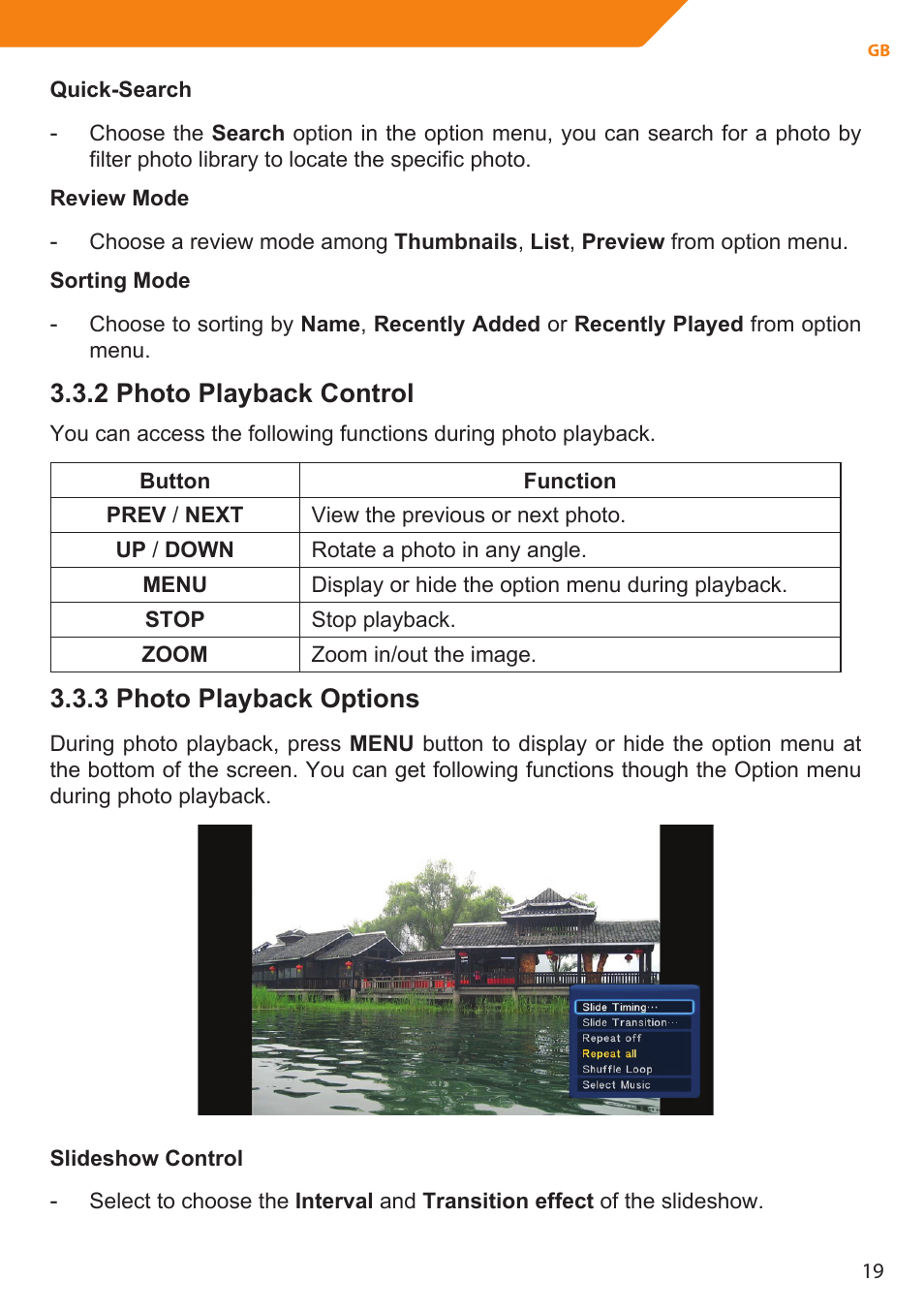 2 photo playback control, 3 photo playback options | Acme MP01 User Manual | Page 19 / 94