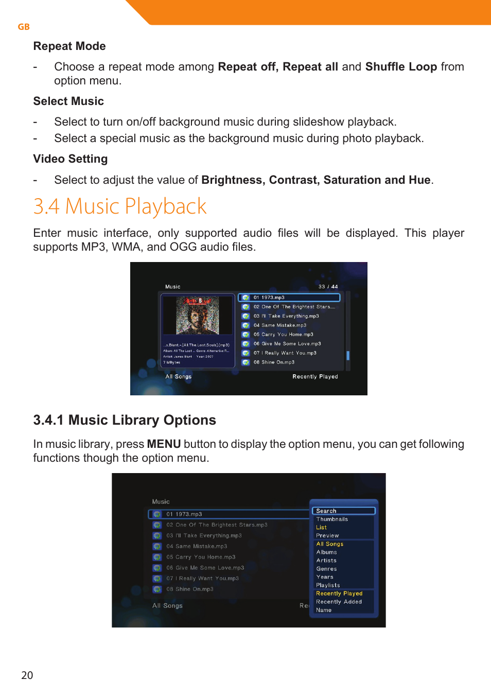 4 music playback, 1 music library options | Acme MP01 User Manual | Page 20 / 94