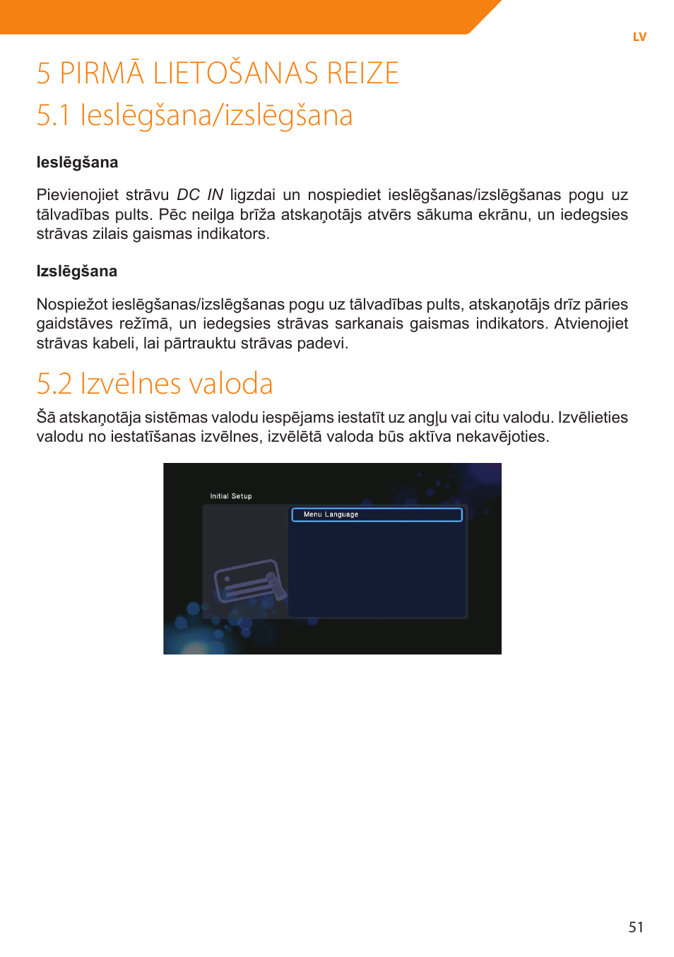 5 pirmā lietošanas reize 5.1 ieslēgšana/izslēgšana, 2 izvēlnes valoda | Acme MP01 User Manual | Page 51 / 94