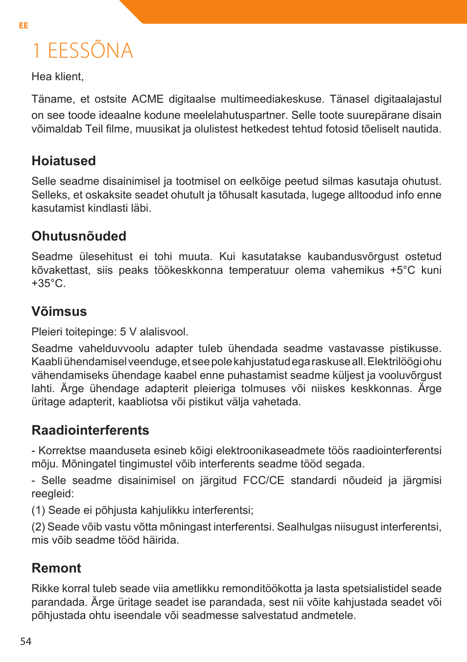 1 eessõna, Hoiatused, Ohutusnõuded | Võimsus, Raadiointerferents, Remont | Acme MP01 User Manual | Page 54 / 94