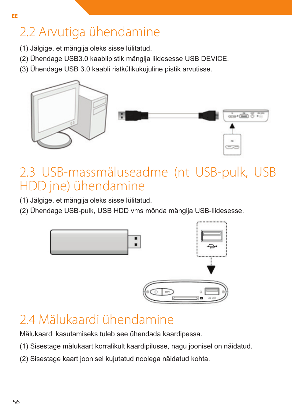 2 arvutiga ühendamine, 4 mälukaardi ühendamine | Acme MP01 User Manual | Page 56 / 94