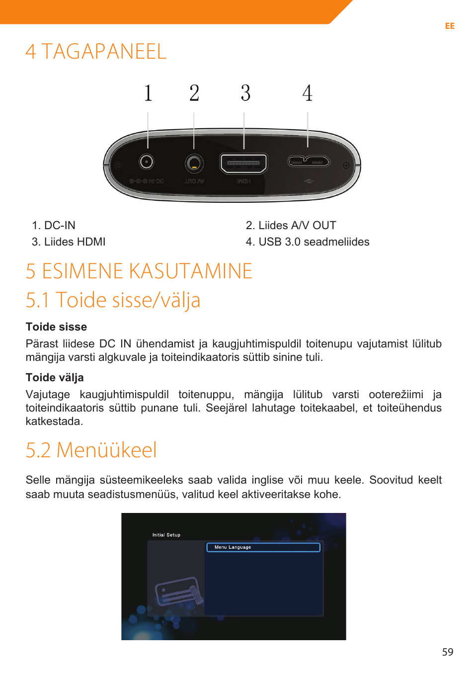 4 tagapaneel, 5 esimene kasutamine 5.1 toide sisse/välja, 2 menüükeel | Acme MP01 User Manual | Page 59 / 94