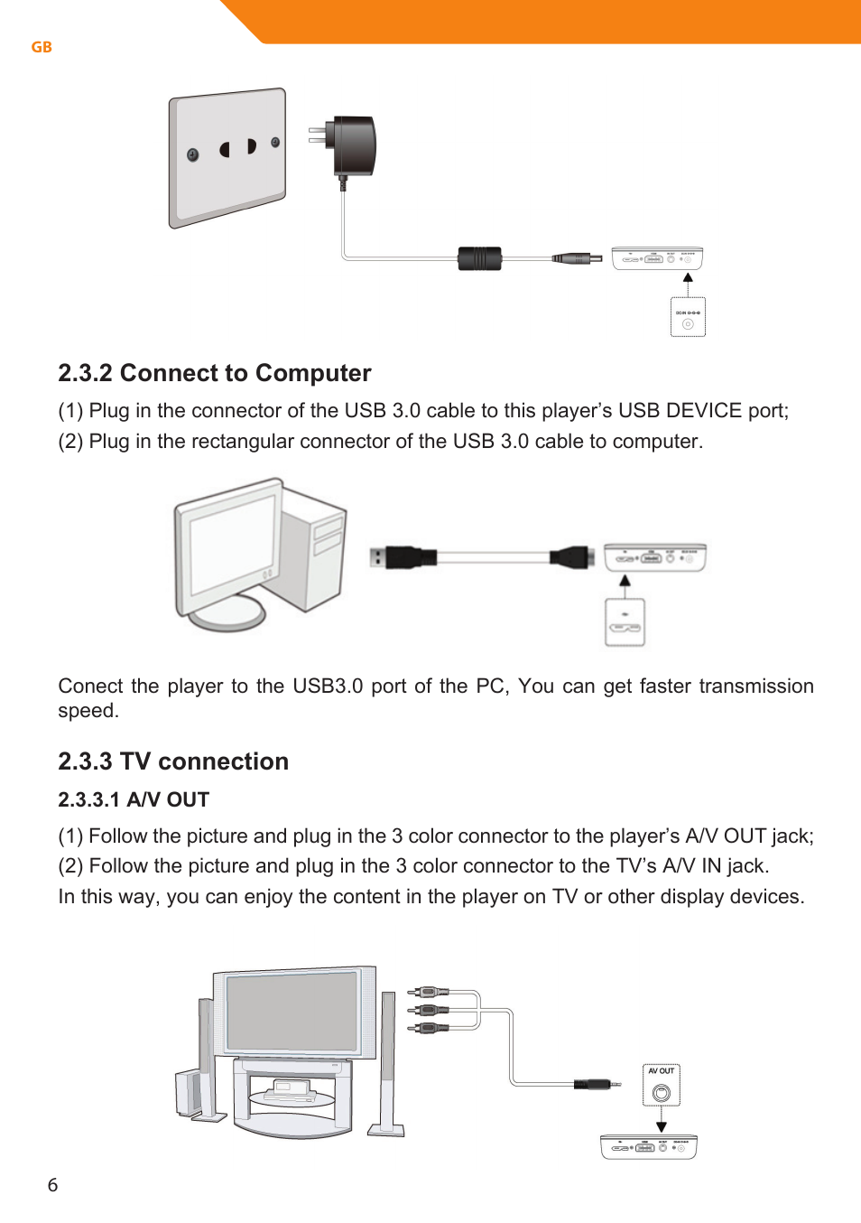 2 connect to computer, 3 tv connection | Acme MP01 User Manual | Page 6 / 94