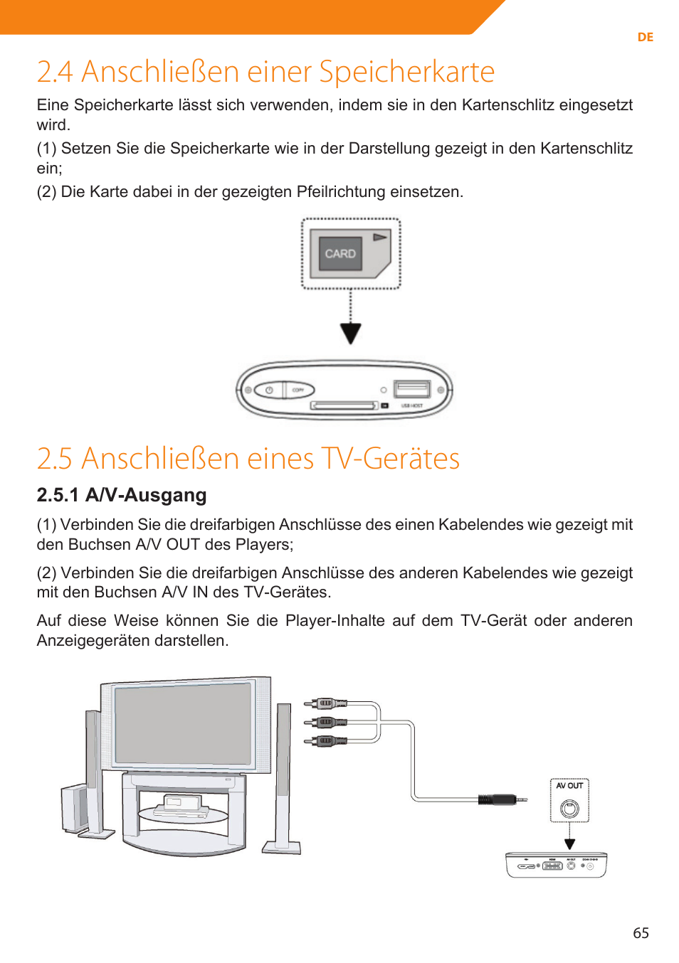 4 anschließen einer speicherkarte, 5 anschließen eines tv-gerätes | Acme MP01 User Manual | Page 65 / 94