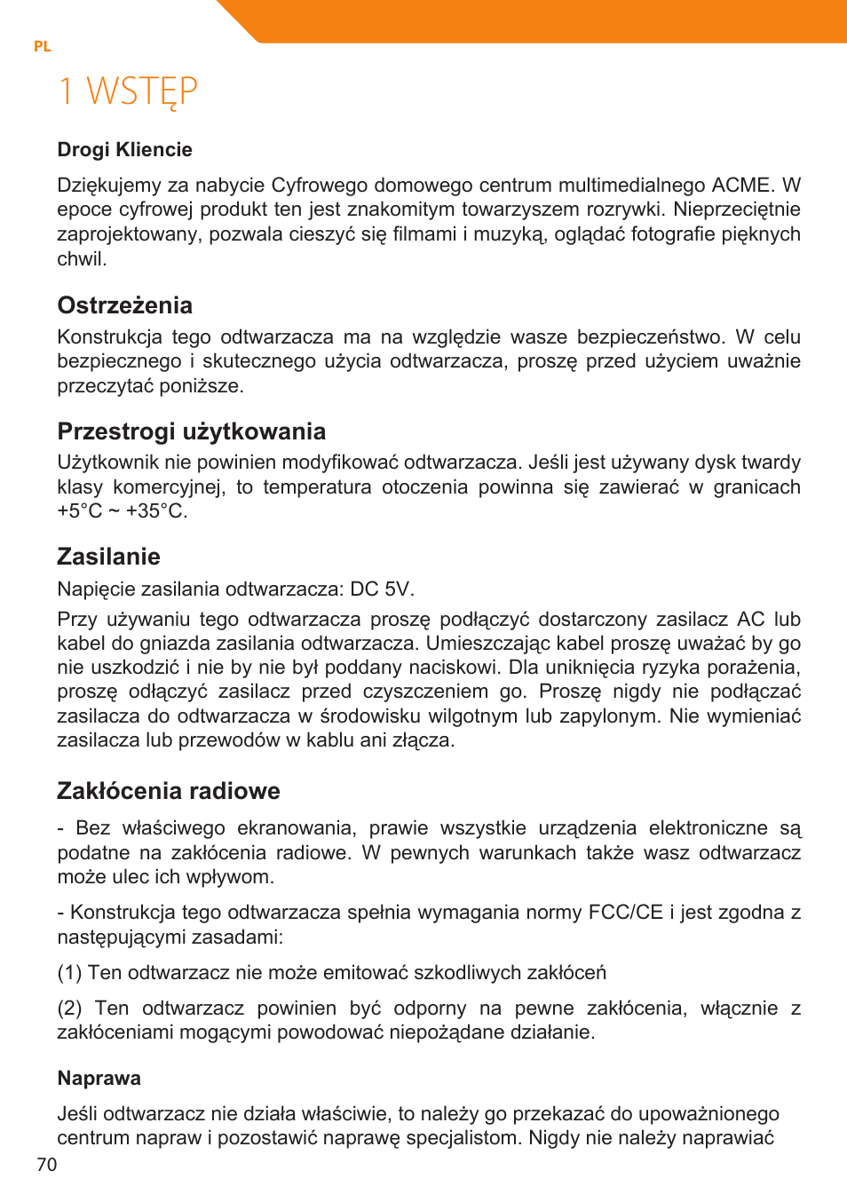 1 wstęp, Ostrzeżenia, Przestrogi użytkowania | Zasilanie, Zakłócenia radiowe | Acme MP01 User Manual | Page 70 / 94