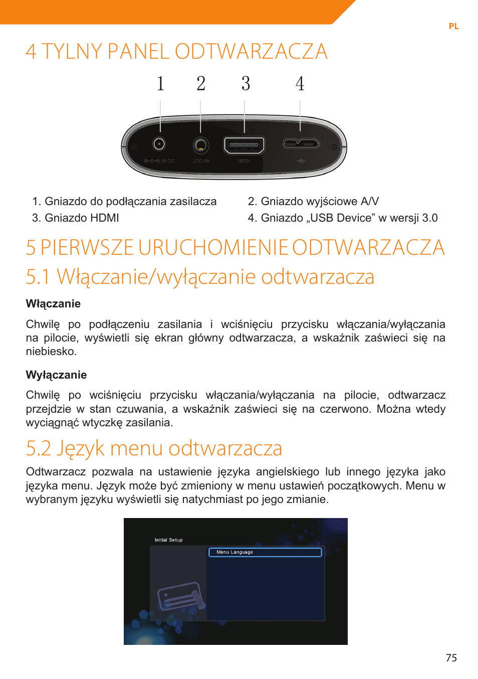 4 tylny panel odtwarzacza, 2 język menu odtwarzacza | Acme MP01 User Manual | Page 75 / 94