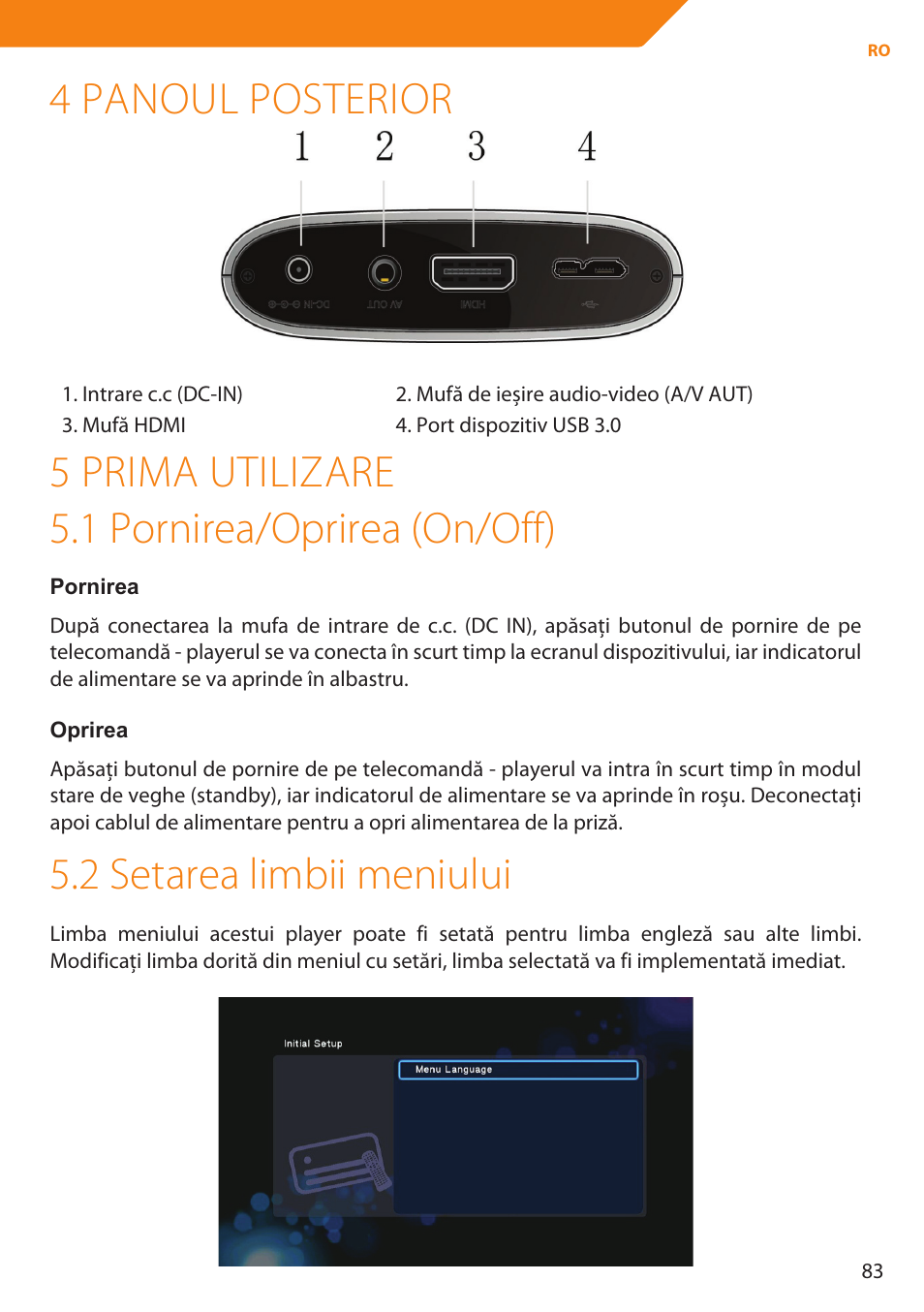 4 panoul posterior, 5 prima utilizare 5.1 pornirea/oprirea (on/off), 2 setarea limbii meniului | Acme MP01 User Manual | Page 83 / 94