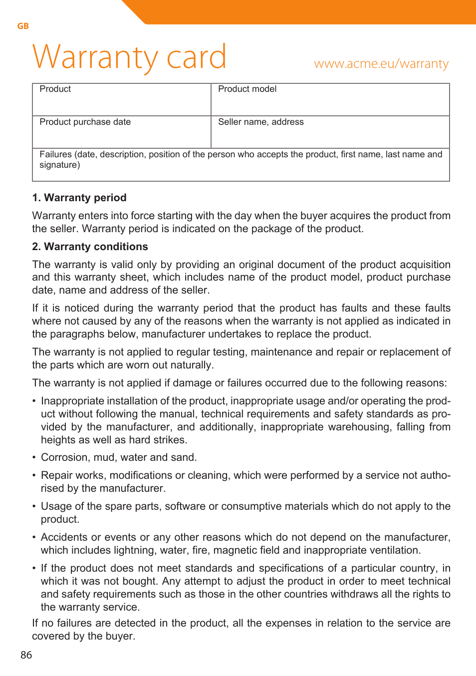 Warranty card | Acme MP01 User Manual | Page 86 / 94