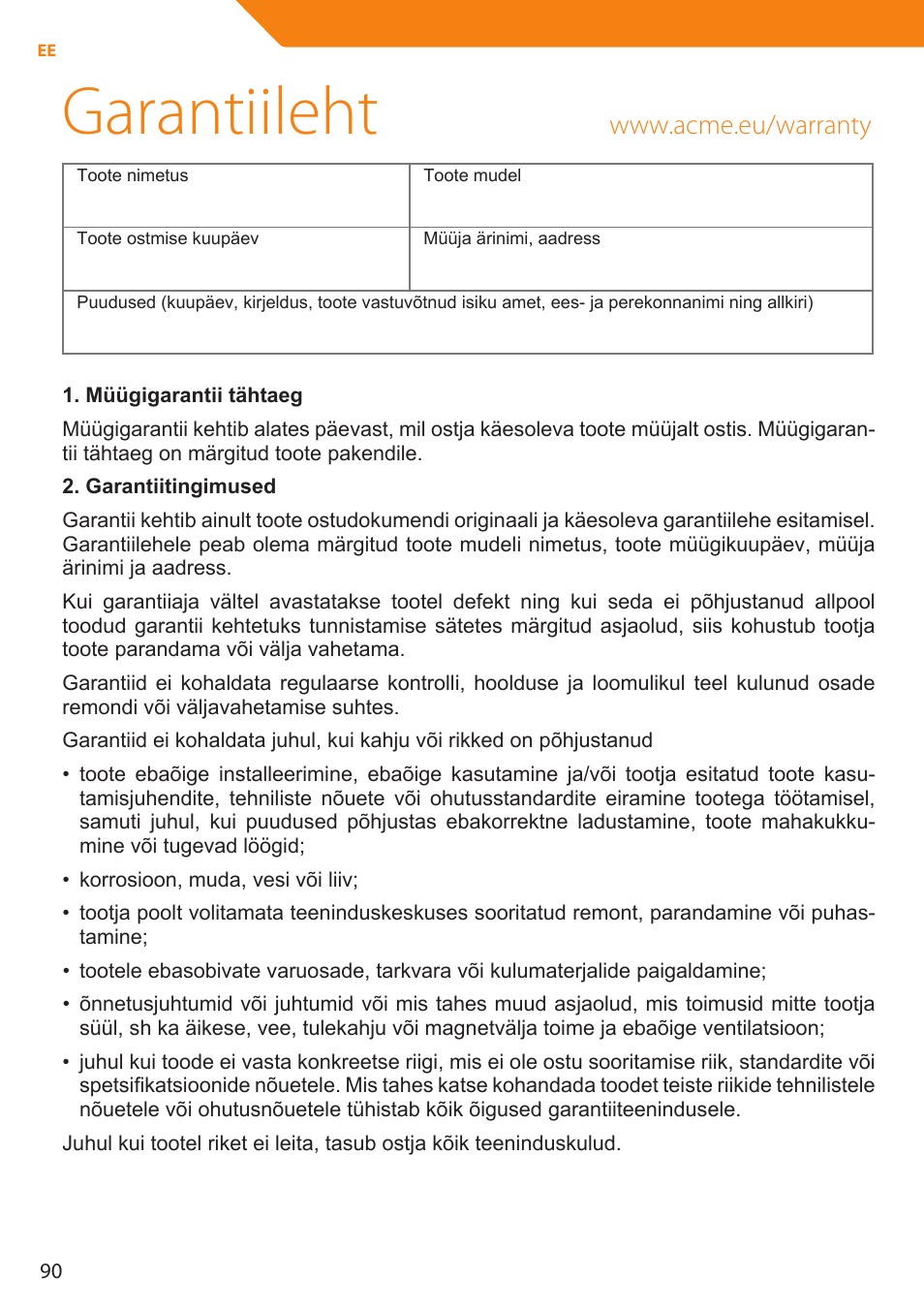 Garantiileht | Acme MP01 User Manual | Page 90 / 94