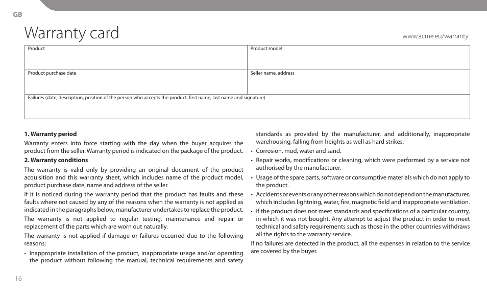 Warranty card | Acme MT106S User Manual | Page 16 / 30